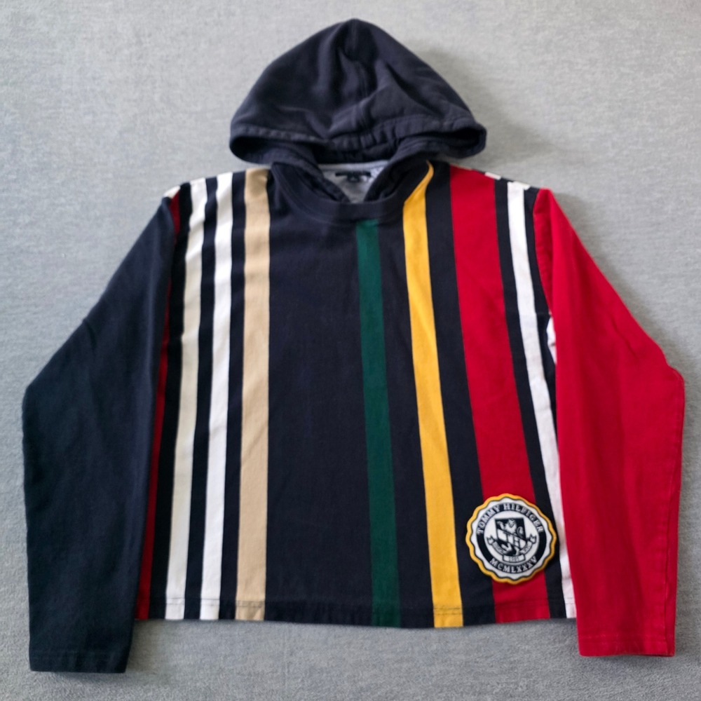 Tommy Hilfiger Womens Multi Color Vertical Stripe Crest Hooded Tee Navy Red M